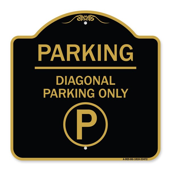 Parking-Diagonal Parking W/ Parking, Black & Gold Aluminum Sign, 18" x 18", BG-1818-23472